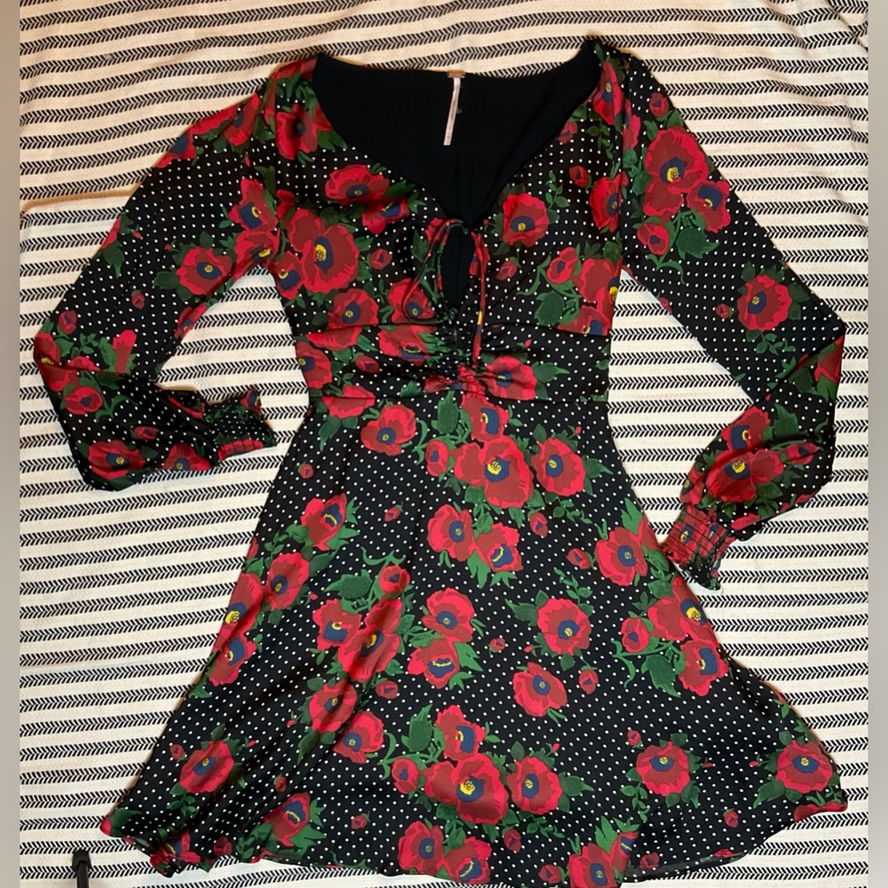 Free People Black‎ and Red Floral Long Sleeve Dress